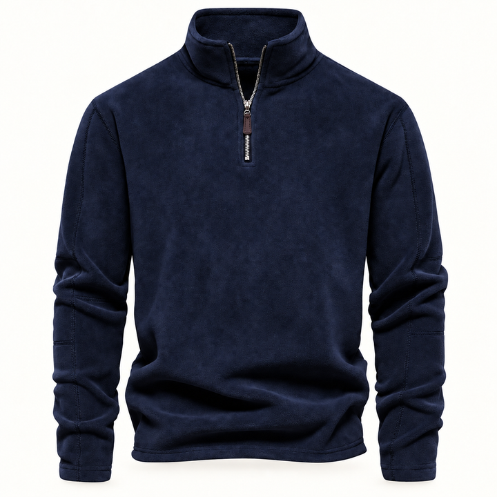Navy fleece quarter zip pullover with stand collar and metal zipper