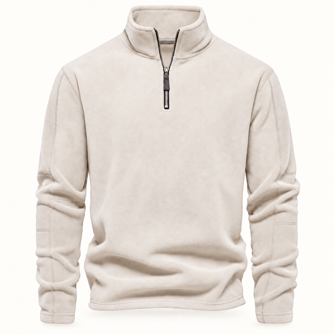 Oatmeal fleece quarter zip pullover with stand collar, flat front view