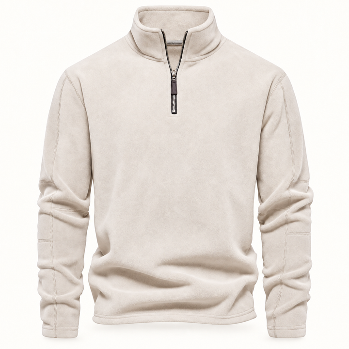 Oatmeal fleece quarter zip pullover with stand collar, flat front view