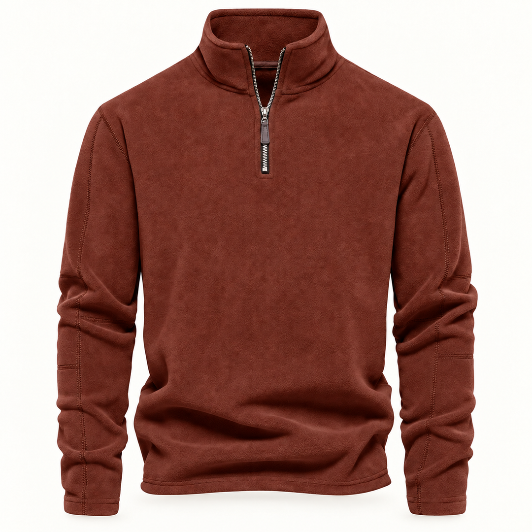 Rust red fleece quarter zip with stand collar and long sleeves