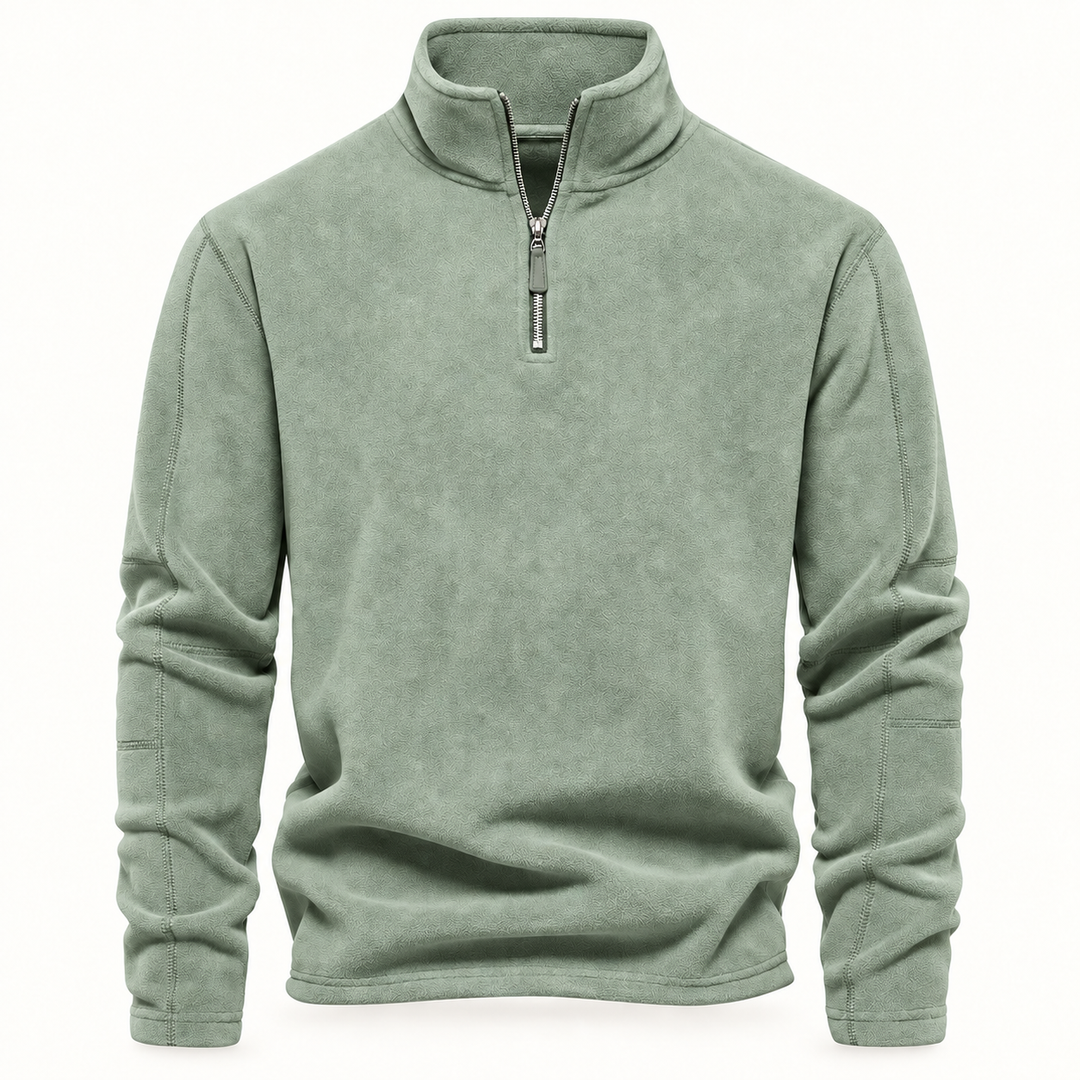 Sage green fleece quarter zip pullover with stand collar, flat front view