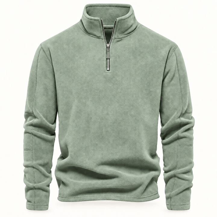 Sage green fleece quarter zip pullover with stand collar, flat front view