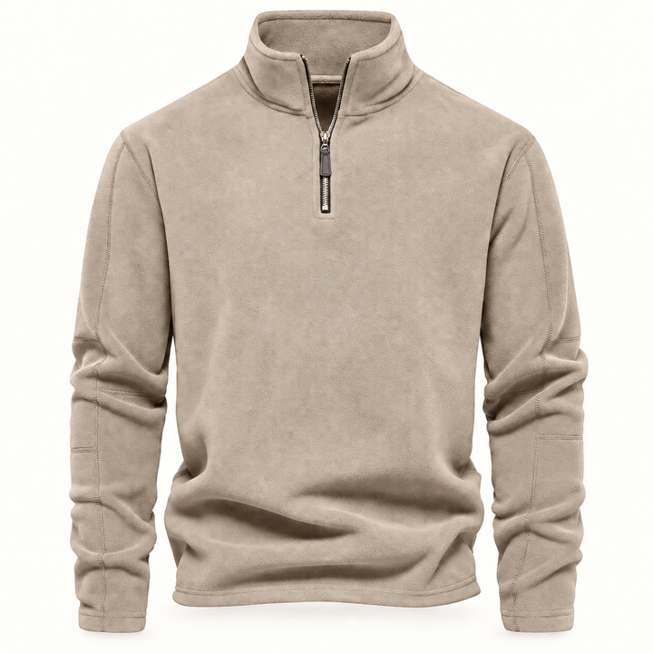 Sand colored fleece quarter zip with stand collar, displayed front view