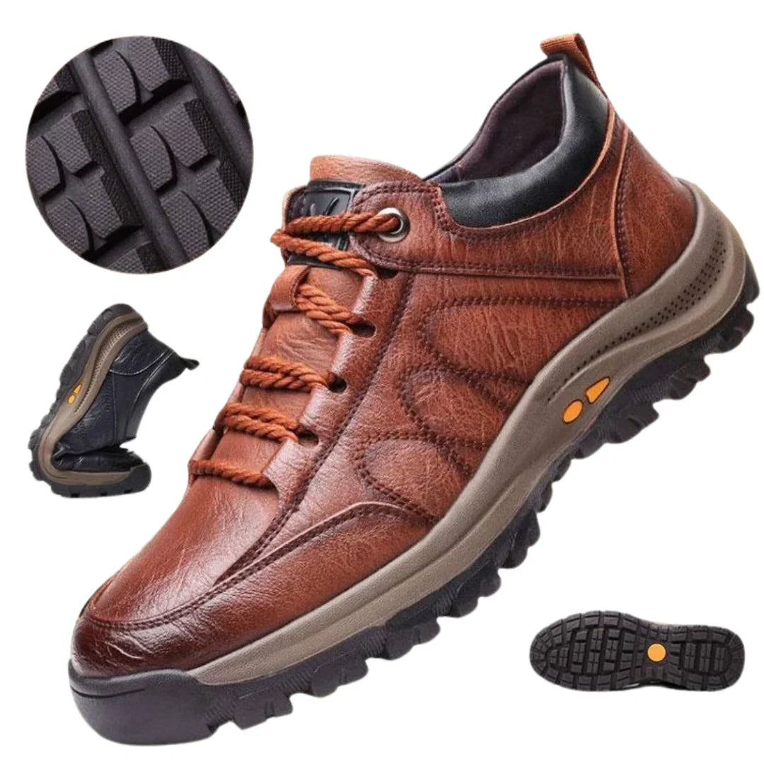Brown hiking shoe with outsole tread and sole close ups