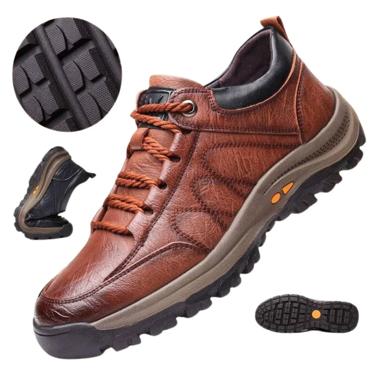 Brown hiking shoe with outsole tread and sole close ups