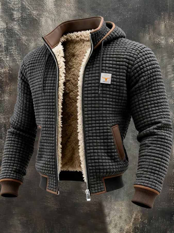 Charcoal waffle bomber shown open with the plush lining and contrast collar