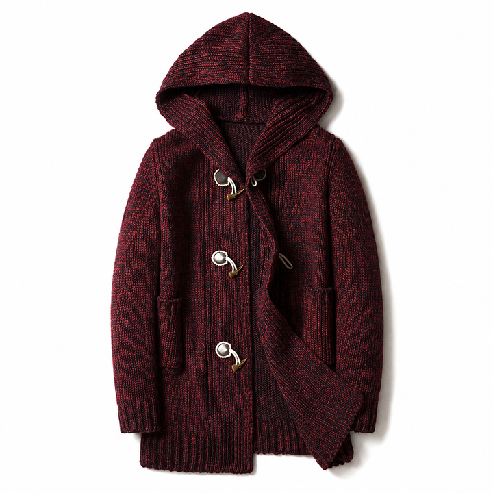 Burgundy longline hooded cardigan with toggle buttons and front pockets