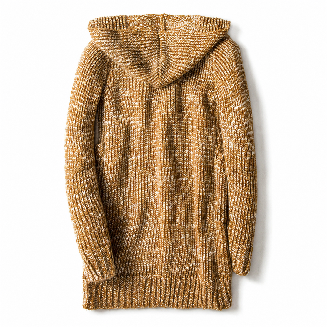 Back view of the camel longline hooded cardigan with hood down