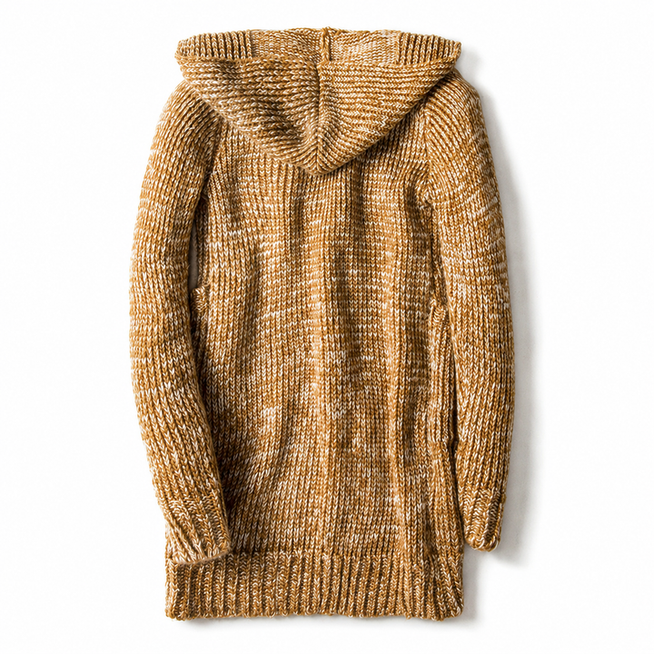 Back view of the camel longline hooded cardigan with hood down