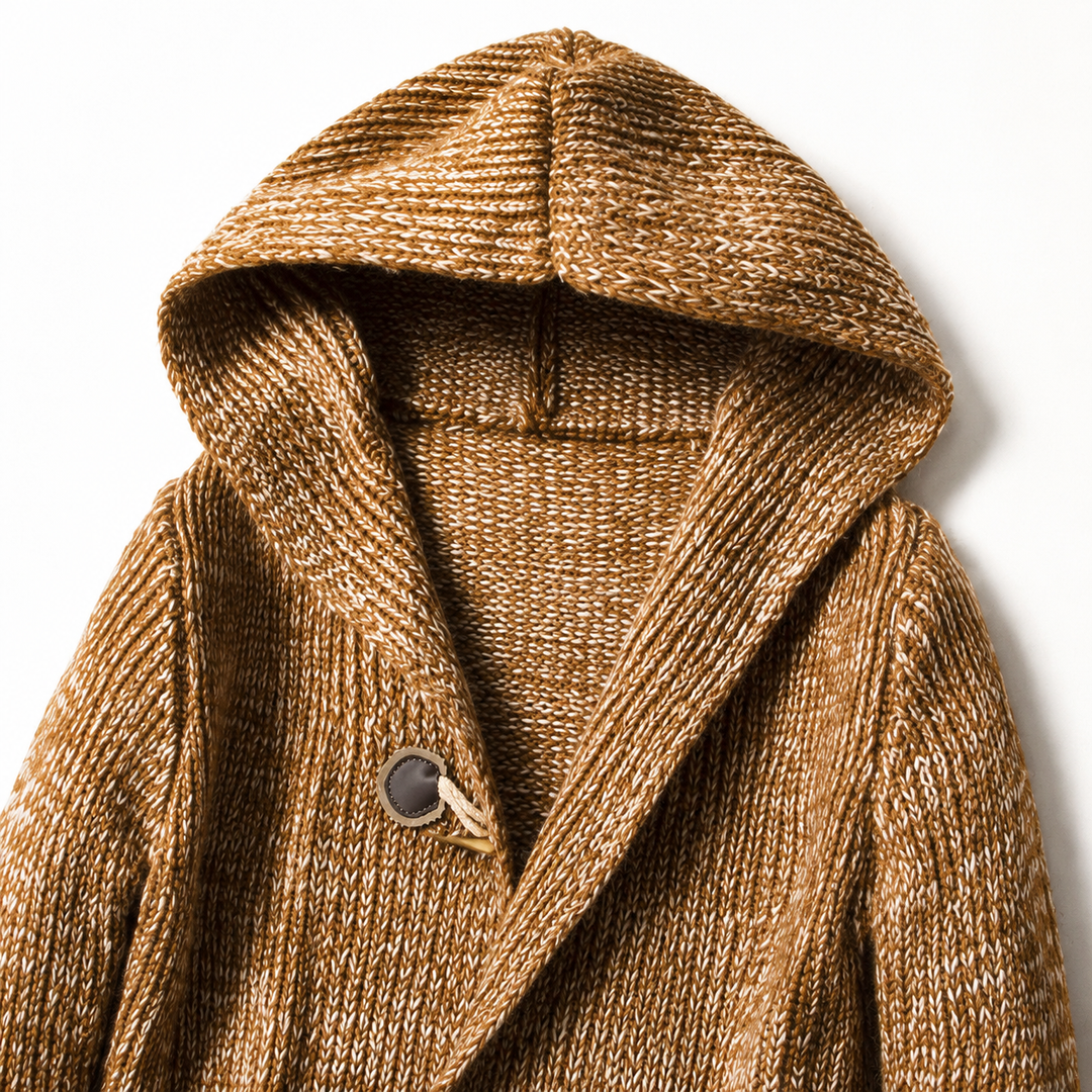 Close-up of the camel knit hood and single toggle button