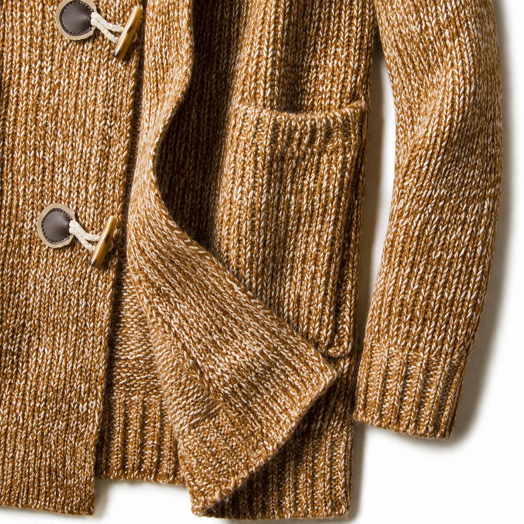 Camel cardigan side pocket and ribbed cuff, open front detail
