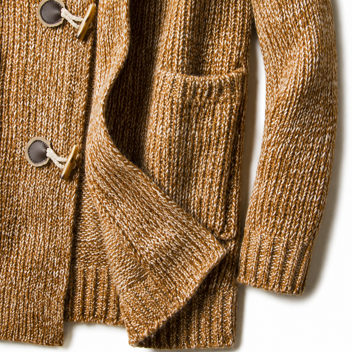 Camel cardigan side pocket and ribbed cuff, open front detail