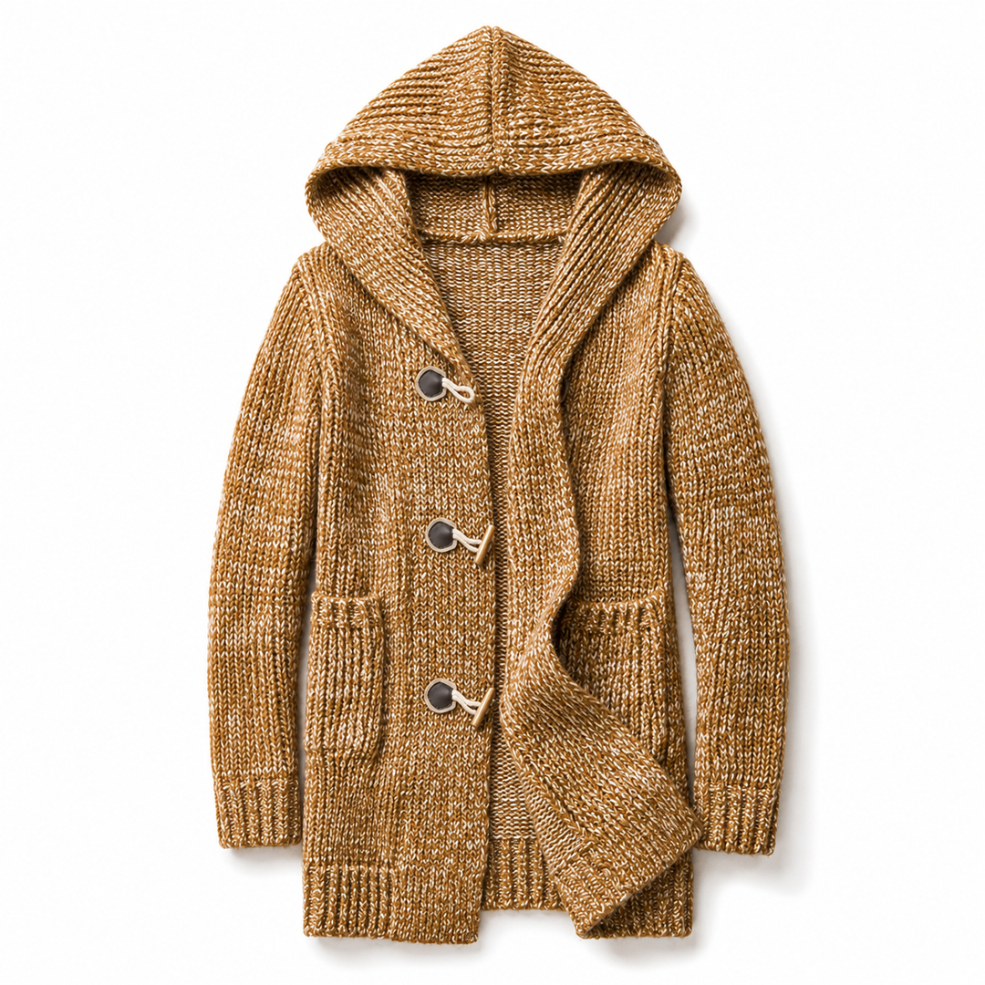 Men's hooded cardigan in camel, chunky knit longline with toggle buttons, front view