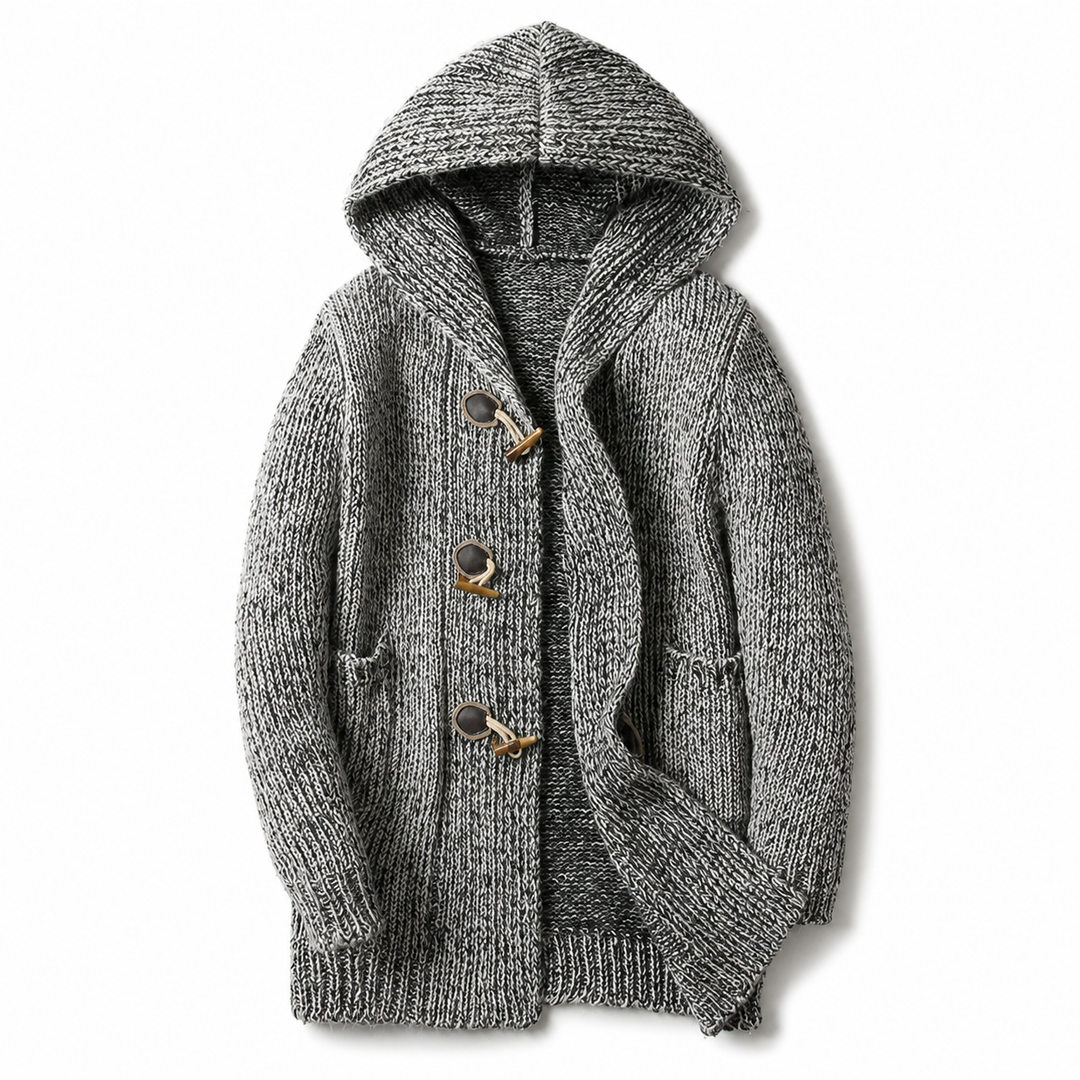 Heather gray chunky knit hooded cardigan with toggle buttons and pockets