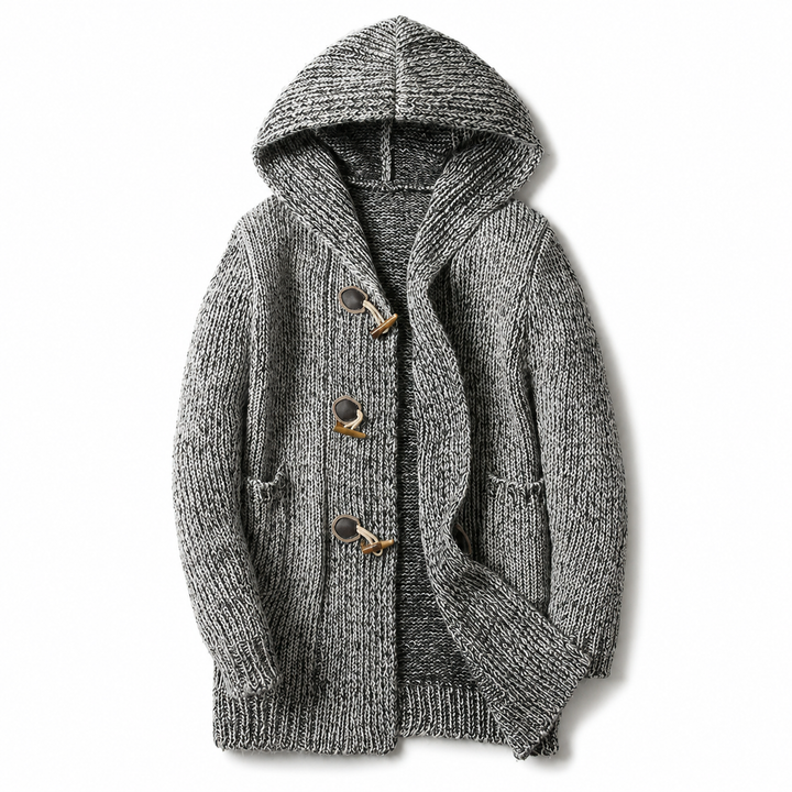 Heather gray chunky knit hooded cardigan with toggle buttons and pockets