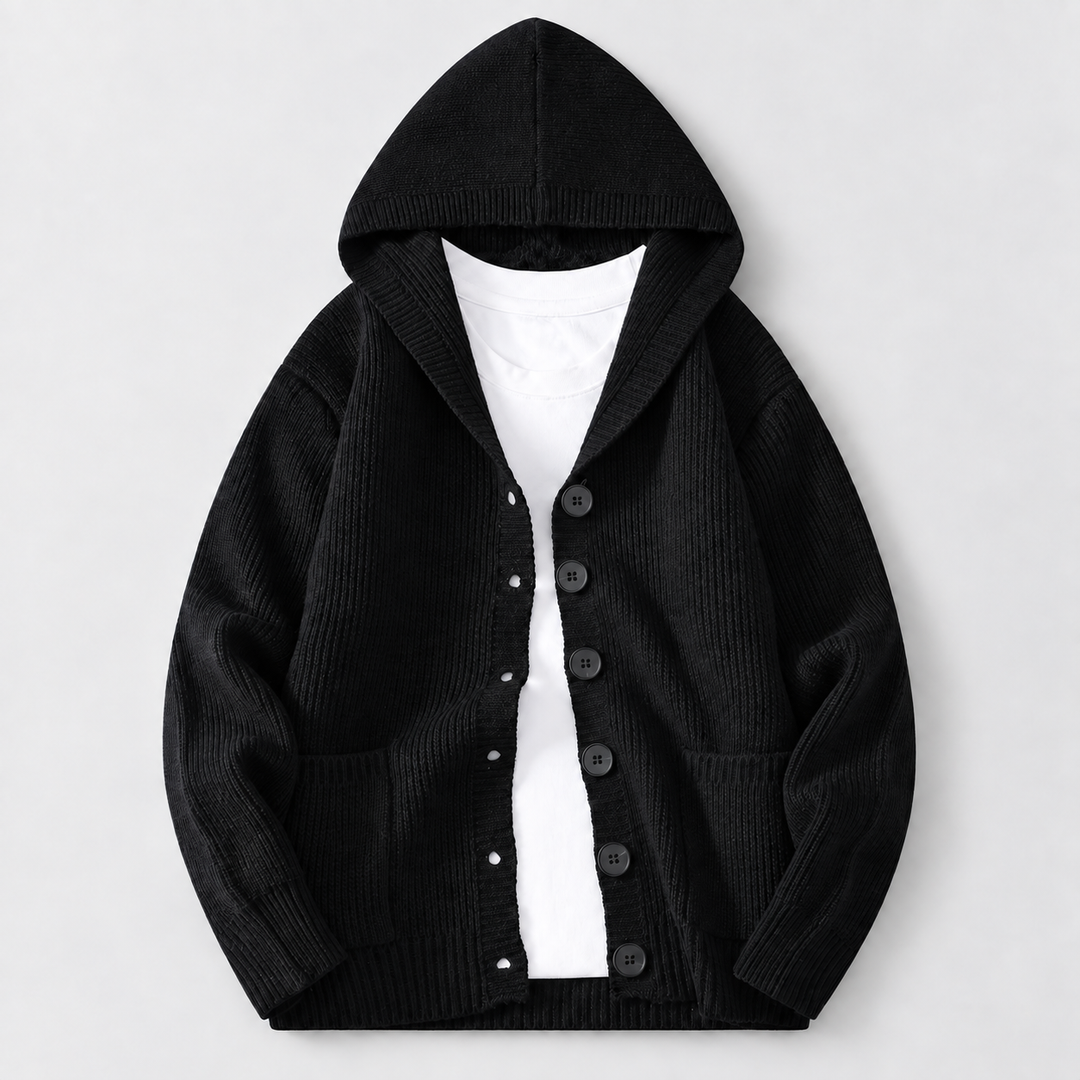 Black hooded cardigan with button front, shown over a white t-shirt