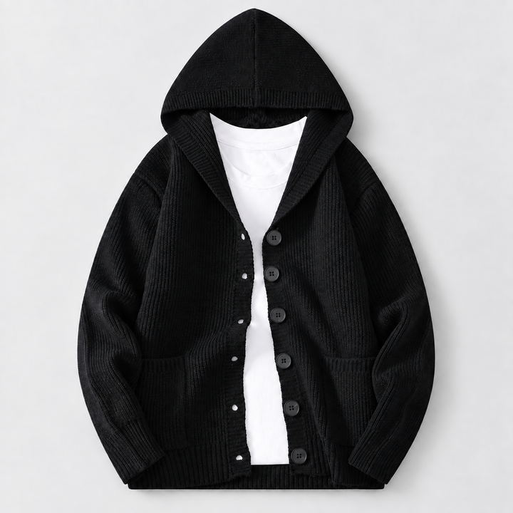Black hooded cardigan with button front, shown over a white t-shirt
