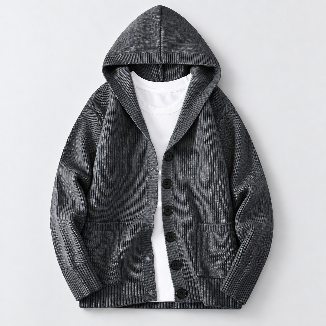 Charcoal ribbed knit hooded cardigan with buttons and patch pockets, flat view