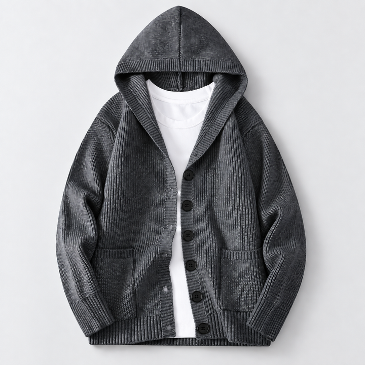 Charcoal ribbed knit hooded cardigan with buttons and patch pockets, flat view