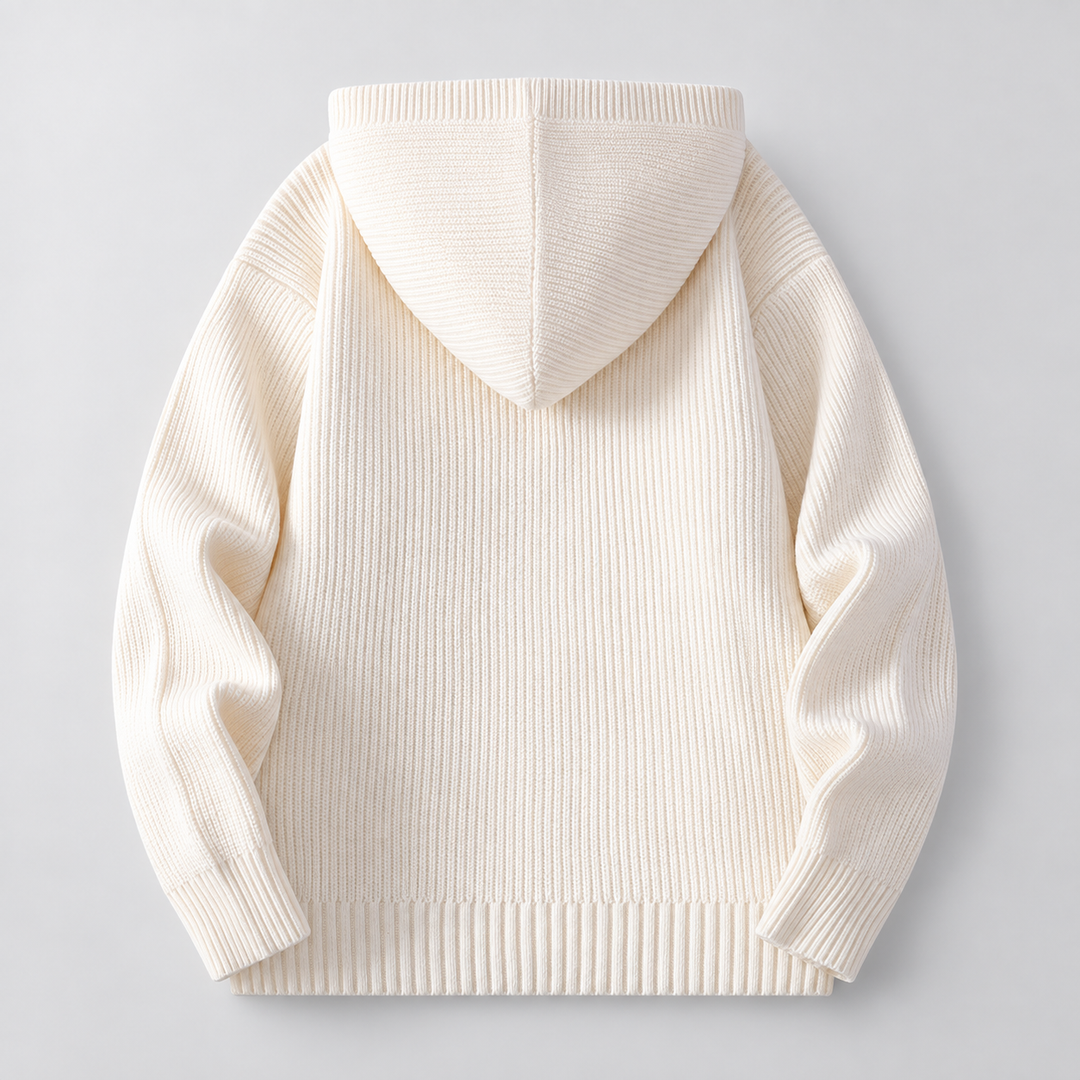 Back view of the ivory ribbed knit cardigan with its hood laid flat