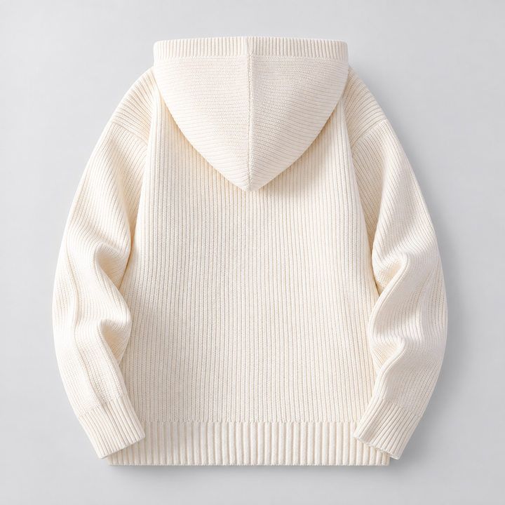 Back view of the ivory ribbed knit cardigan with its hood laid flat