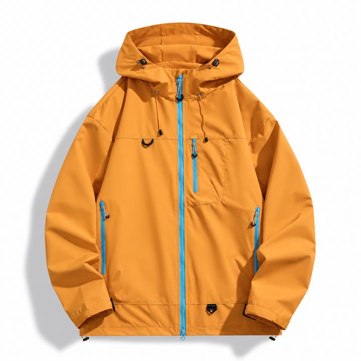 Amber orange hooded shell jacket with contrast zipper, front view