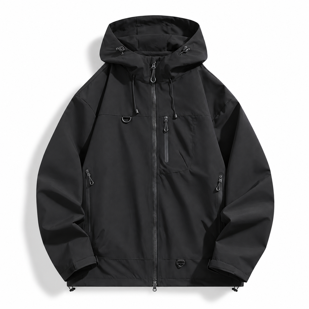 Black hooded shell jacket with two way zip and chest pocket