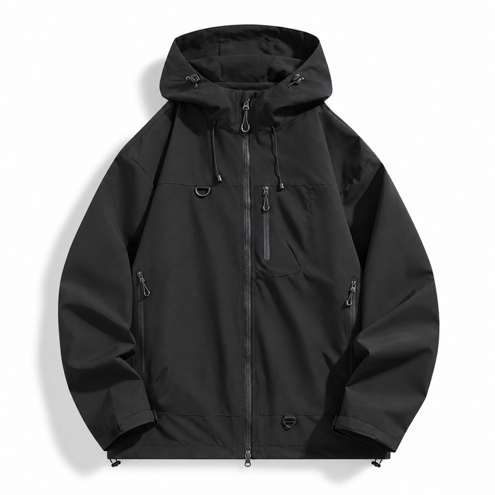 Black hooded shell jacket with two way zip and chest pocket