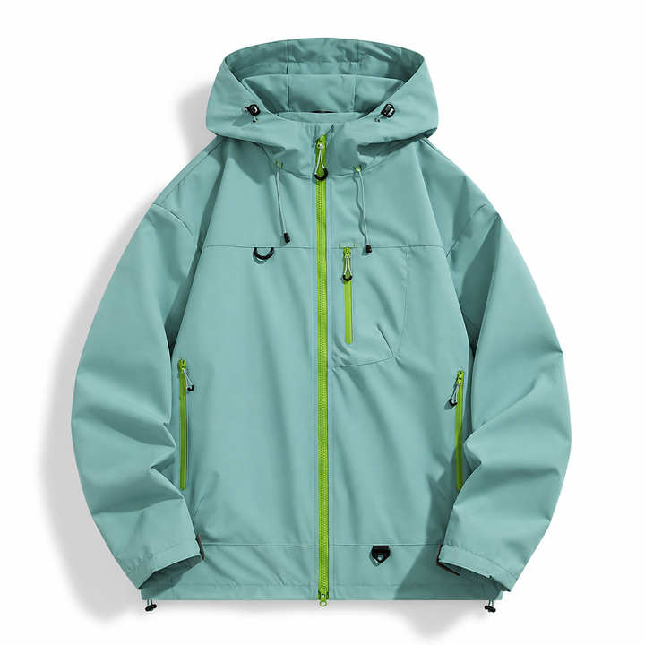 Mint green hooded jacket with lime zipper and side pockets