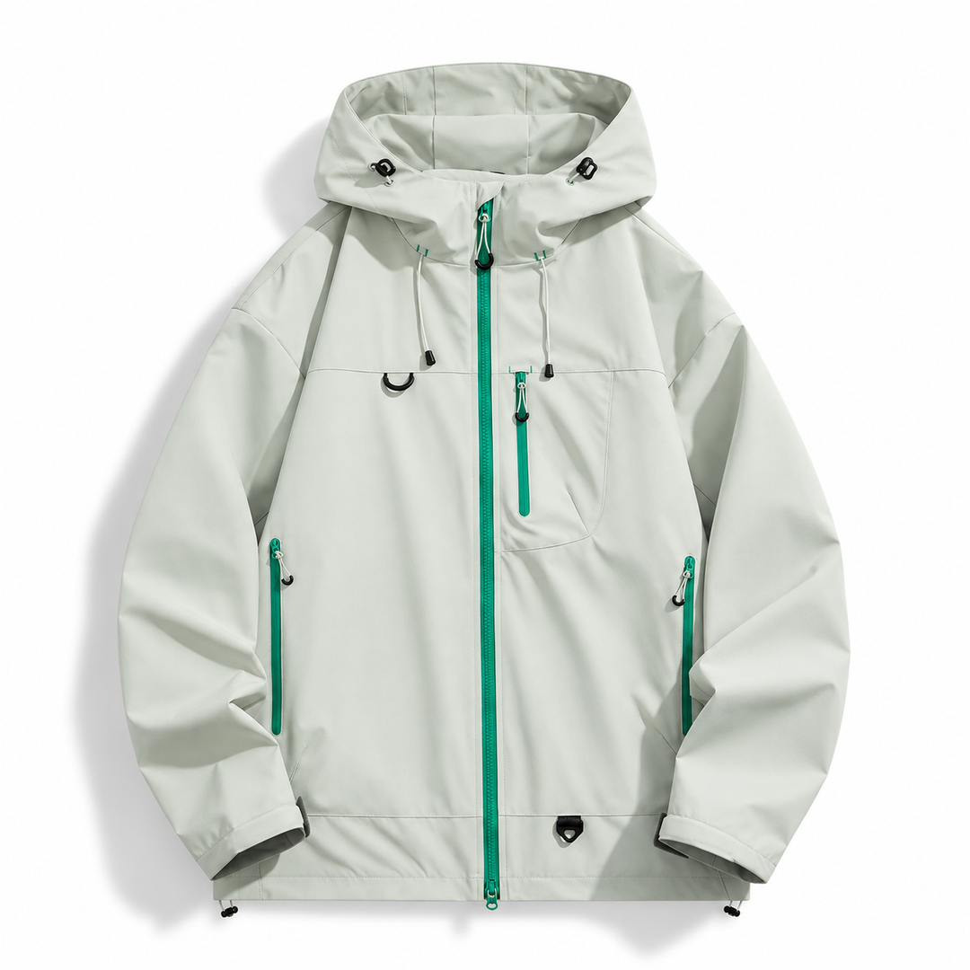 Men's hooded shell jacket in mist gray with two way zip and contrast trim