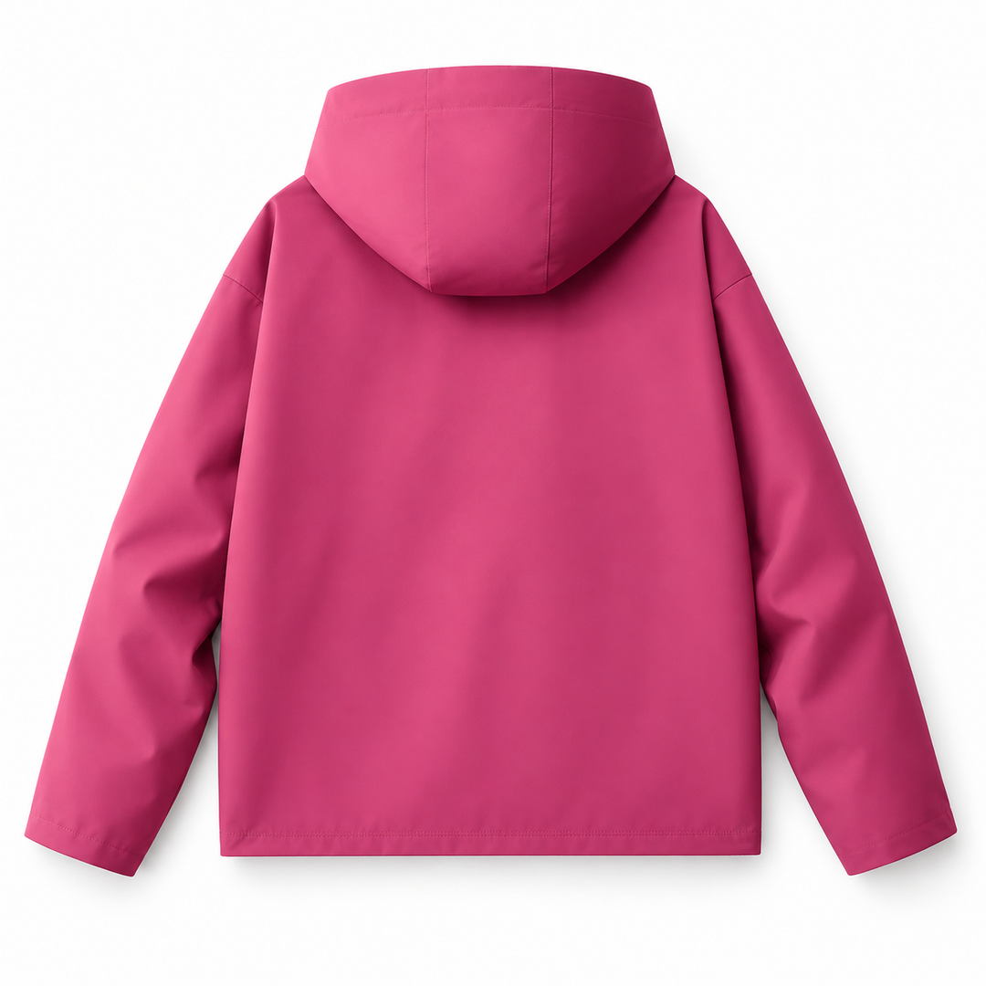 Back view of the raspberry hooded shell jacket with plain back panel