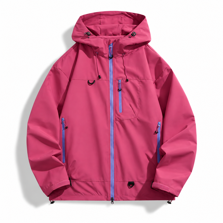 Raspberry hooded shell jacket with a purple two way zip, front view