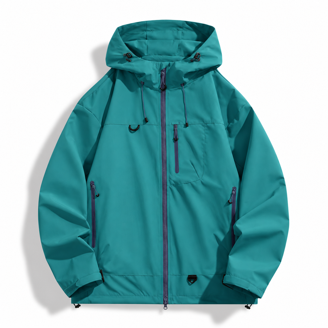 Teal hooded shell jacket with two way zip and chest pocket