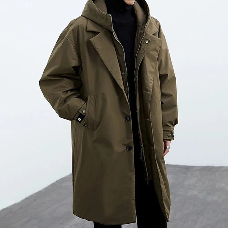 Men's hooded trench coat in olive, long parka with notch lapel