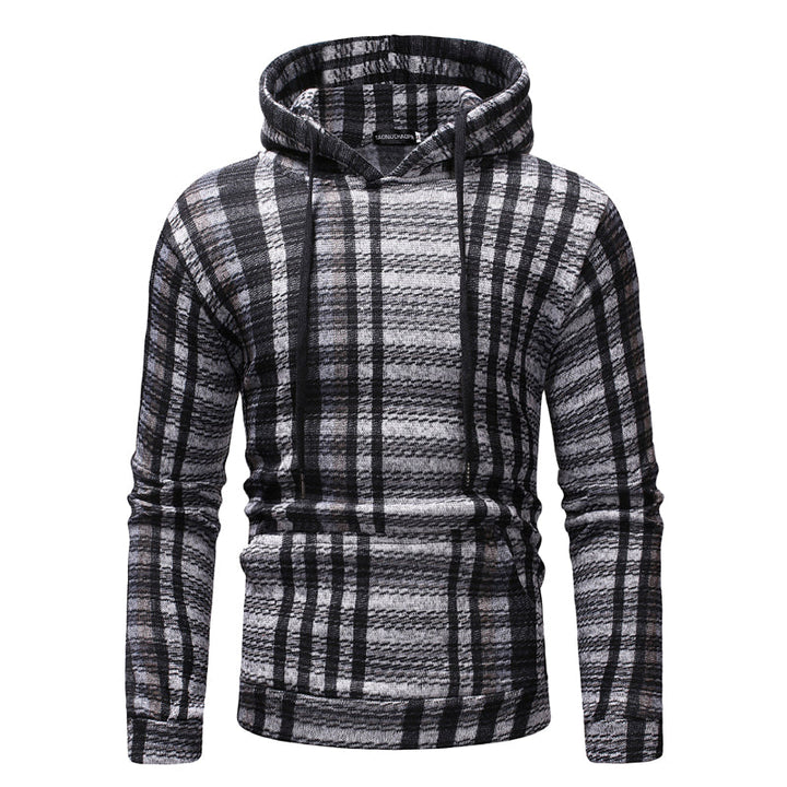 Black and white plaid knit hoodie with drawstring hood