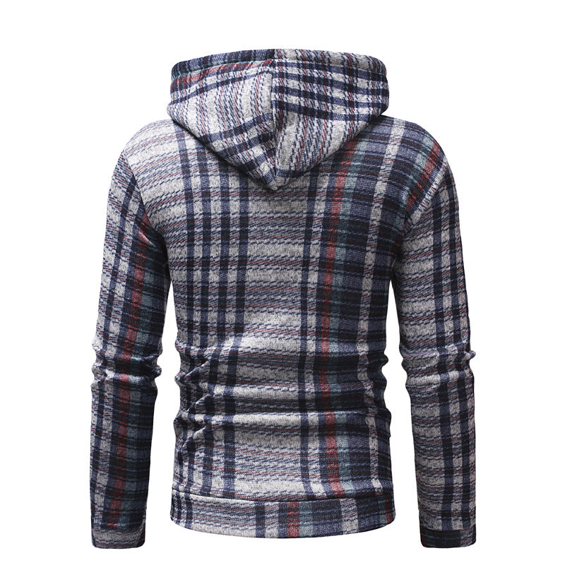 Back view of the navy plaid hoodie with hood
