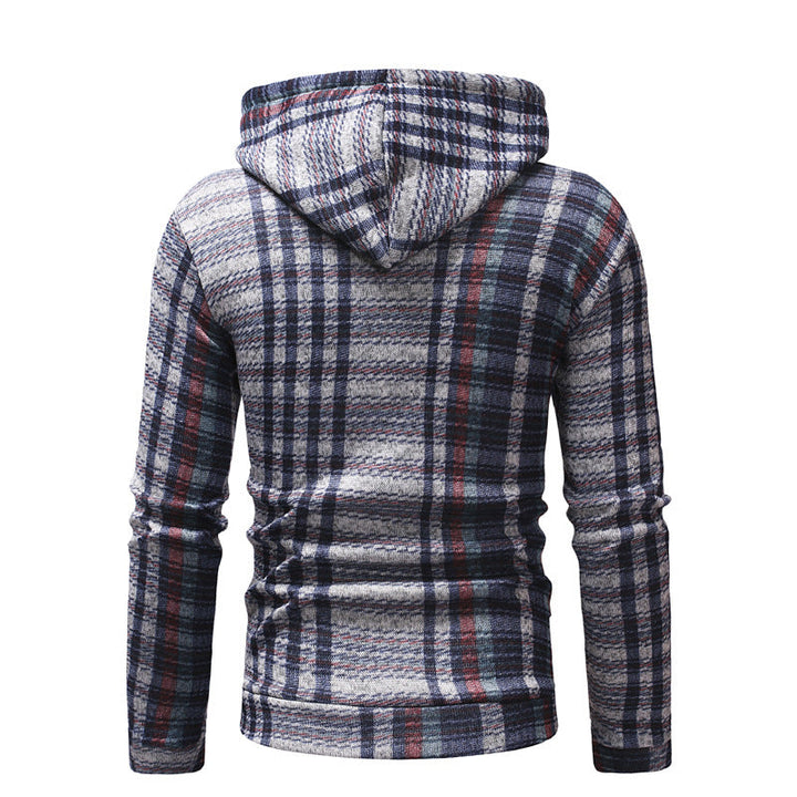 Back view of the navy plaid hoodie with hood