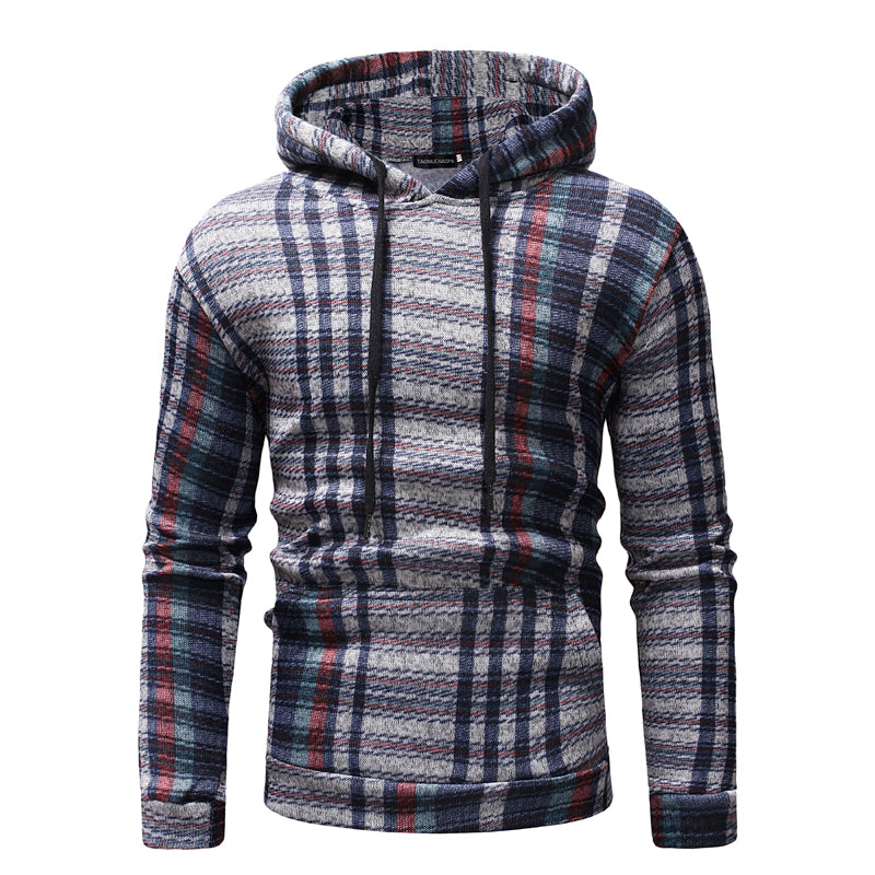 Men's hoodie in navy plaid, textured knit slim fit pullover