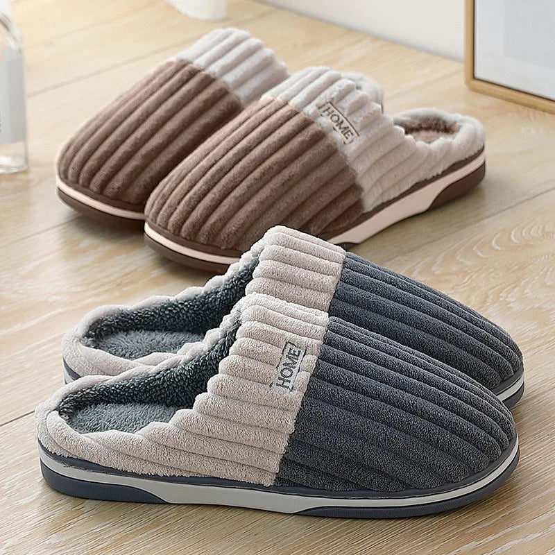 Taupe and slate gray ribbed slip-on slippers side by side