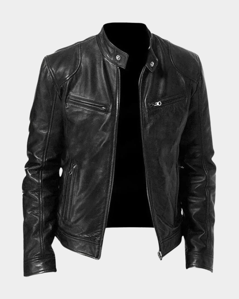Men's leather-look jacket, moto style stand collar in black