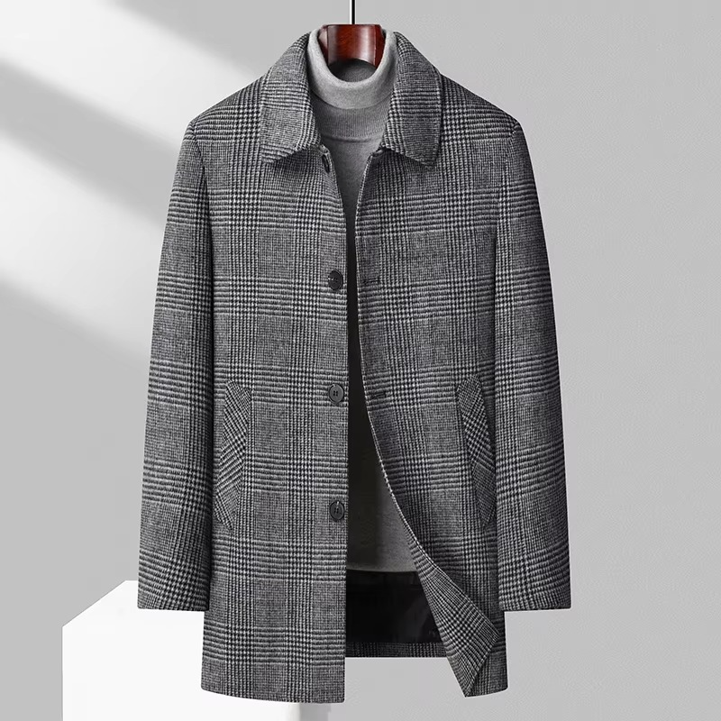 Men's gray long coat with vest liner, front view