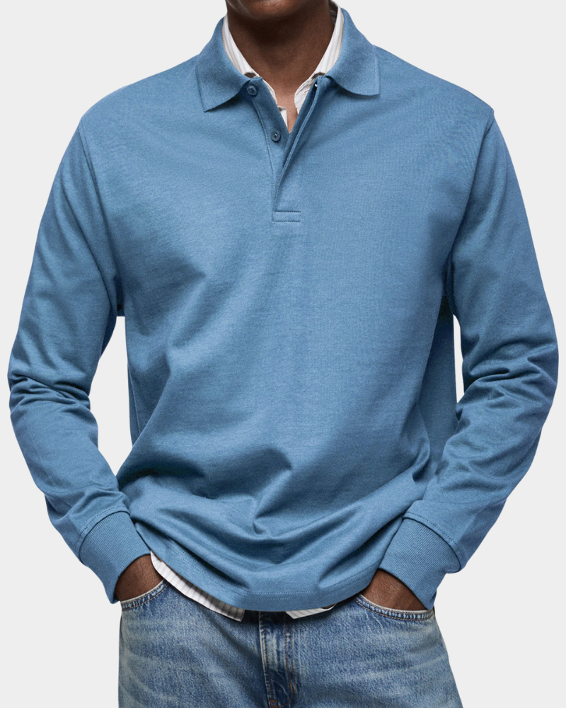 Men's long sleeve polo shirt, classic collar button placket in light blue