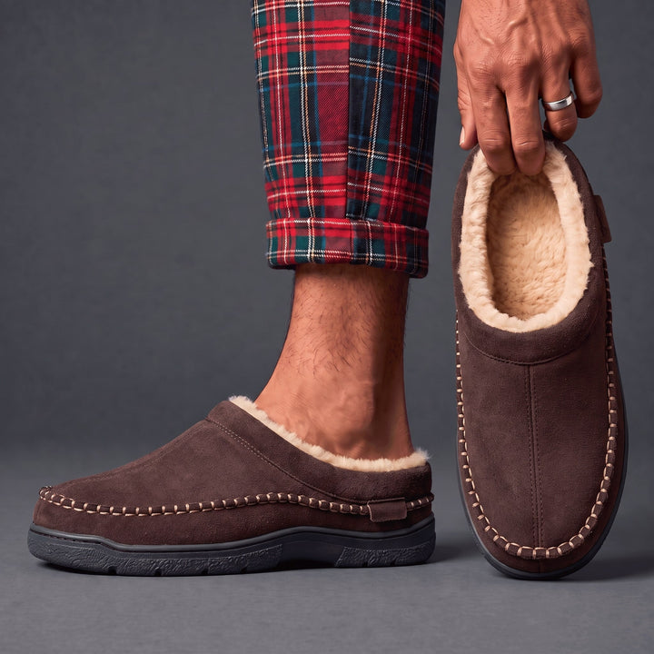 Chocolate brown clog slippers with plaid pajama pants, one held up