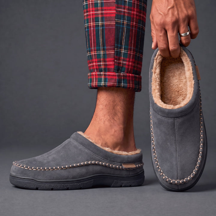 Gray clog slippers styled with red plaid pajama pants, one held up