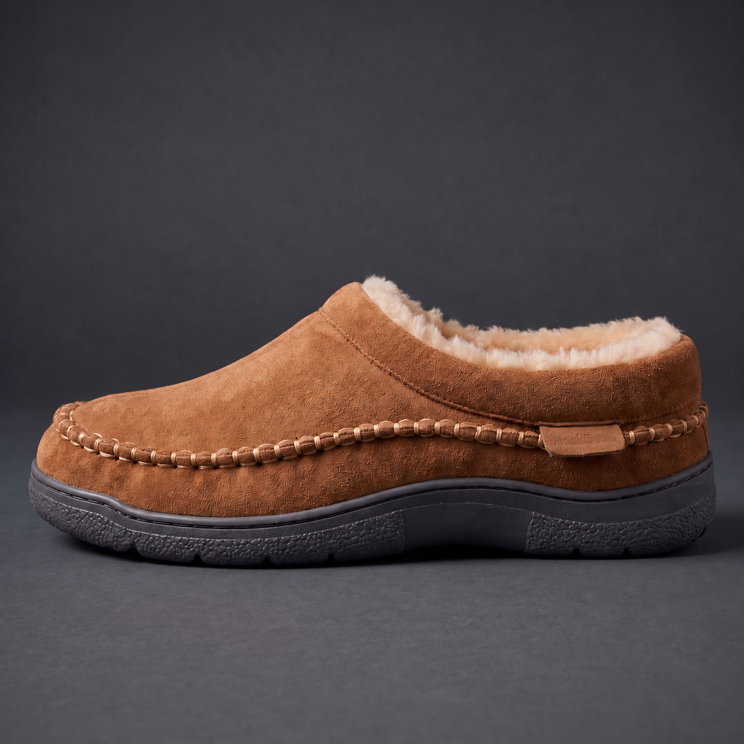 Tan clog slipper with contrast stitching, low side view