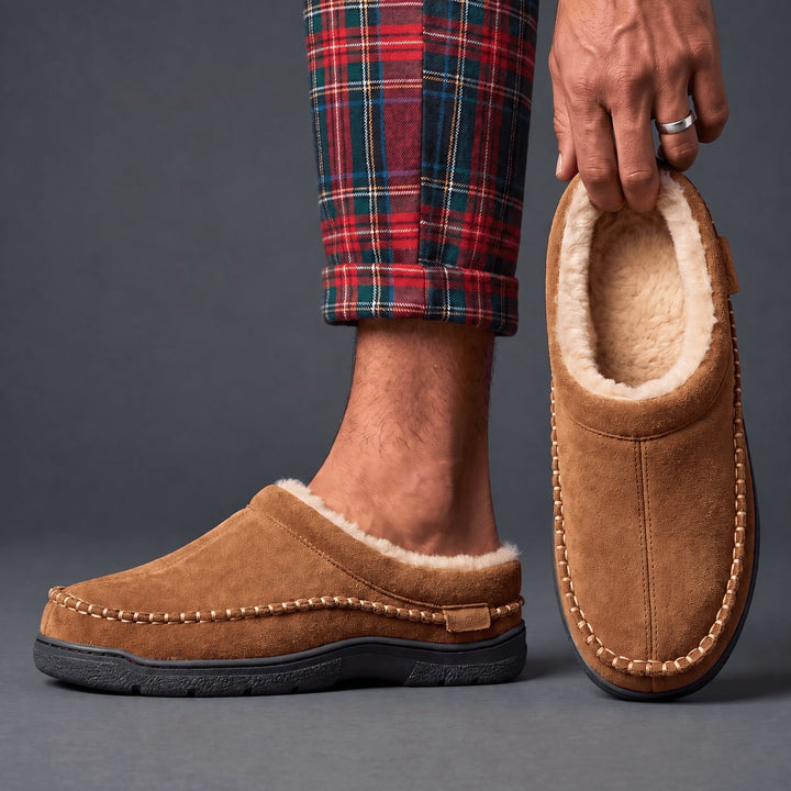 Tan moccasin slippers worn with plaid pajama pants, one held up to show lining
