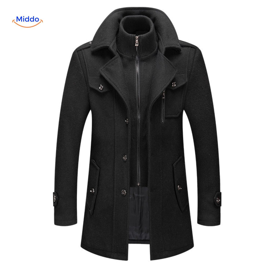 Men's overcoat in black with double collar and single breasted buttons, front view