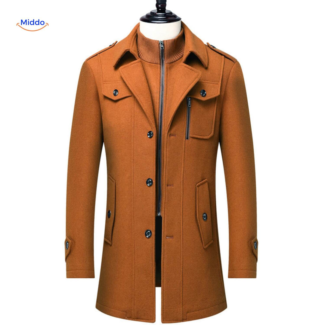 Cognac mid length overcoat on a mannequin with double collar and flap pockets