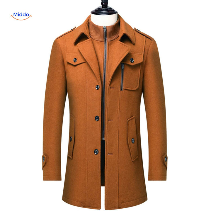 Cognac mid length overcoat on a mannequin with double collar and flap pockets