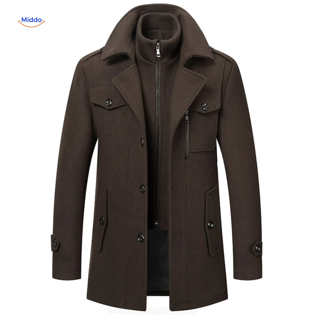 Dark brown single breasted overcoat with layered collar, front view